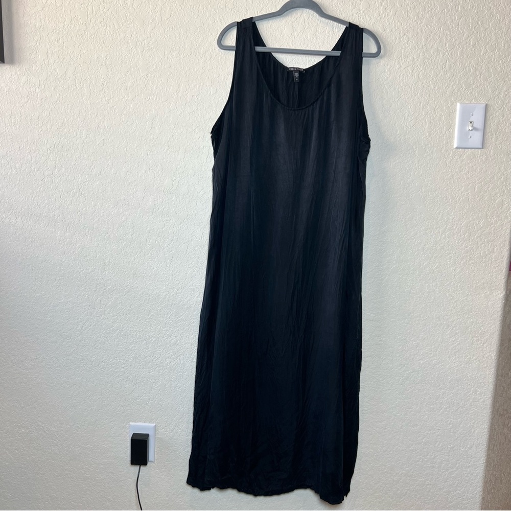 Eileen Fisher crushed crinkled cupro scoop neck sleeveless midi slip dress